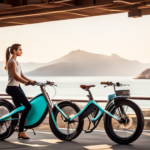 An image showcasing a sleek, lightweight women's electric bike, designed with a vibrant teal frame, streamlined handlebars, and a comfortable, padded seat