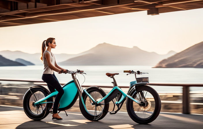 An image showcasing a sleek, lightweight women's electric bike, designed with a vibrant teal frame, streamlined handlebars, and a comfortable, padded seat
