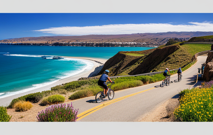 An image displaying a scenic California coastal bike path, lined with electric bikes ridden by individuals of varying ages, all equipped with visible license plates and adhering to the state's regulations