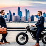  the sleek silhouette of a Ruffian Electric Bike against a vibrant city backdrop, highlighting its premium leather seat, matte black frame, retro headlight, and powerful motor, enticing readers to discover its cost
