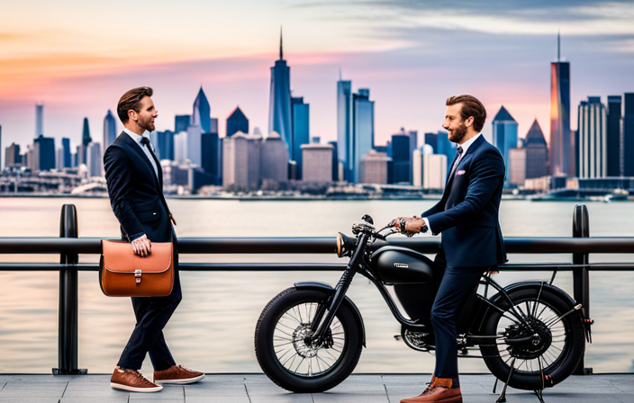 the sleek silhouette of a Ruffian Electric Bike against a vibrant city backdrop, highlighting its premium leather seat, matte black frame, retro headlight, and powerful motor, enticing readers to discover its cost