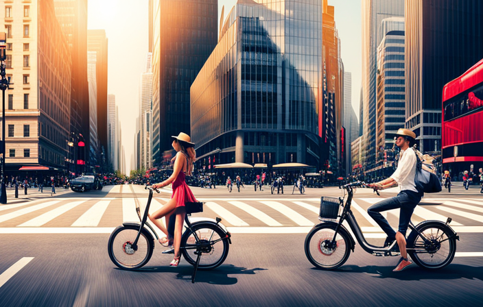 An image showcasing a vibrant cityscape with people effortlessly gliding on sleek electric bikes, their faces beaming with joy