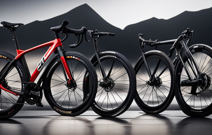 E an image comparing a gravel bike and a road bike side by side, showcasing their distinct features