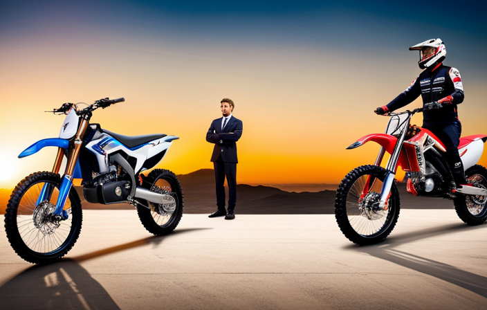 An image showcasing a side-by-side comparison of a gas dirt bike and an electric dirt bike