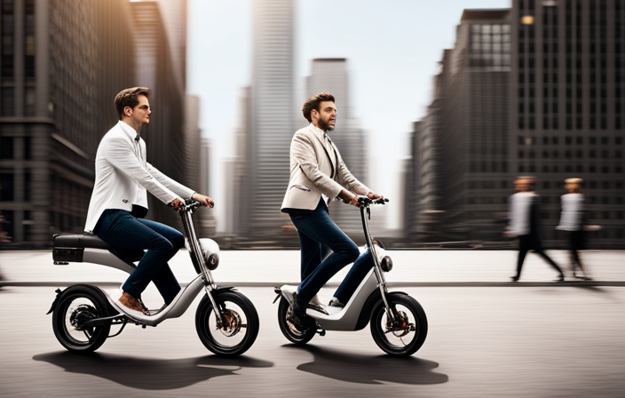 An image showcasing a sleek, compact electric bike effortlessly maneuvering through urban streets, while a stylish moped with a gasoline engine struggles to keep up, emphasizing the differences between the two modes of transportation