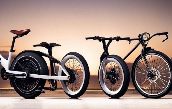 An image that depicts two bikes side by side, one with an electric motor and battery prominently displayed, while the other showcases a mechanism connecting pedals to the rear wheel