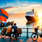 An image featuring a bustling Vietnamese port, with a cargo ship loaded with electric bikes destined for Germany