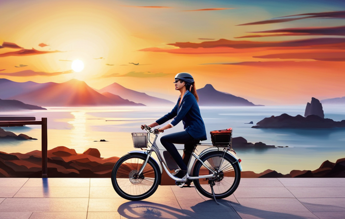 An image showcasing a sleek, comfortable electric bike gliding effortlessly along a scenic coastal road