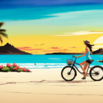 An image that captures the essence of the electric bike featured on Hawaii Five O: a sleek, matte-black frame gliding effortlessly along a sun-kissed beach path, its silent motor blending seamlessly with the vibrant island landscape