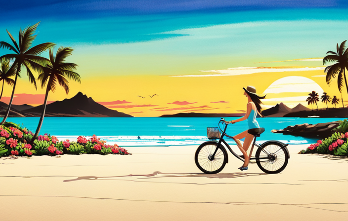 An image that captures the essence of the electric bike featured on Hawaii Five O: a sleek, matte-black frame gliding effortlessly along a sun-kissed beach path, its silent motor blending seamlessly with the vibrant island landscape