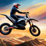 An image that captures the adrenaline-fueled essence of electric dirt biking, with a sleek, high-performance electric dirt bike soaring over rugged terrain, its wheels kicking up dirt, and a trail of dust in its wake