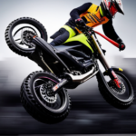 An image showcasing a sleek, high-performance electric dirt bike in mid-air during a thrilling jump, with its powerful motor emitting electrifying sparks and the rider wearing a determined expression, capturing the essence of speed and agility