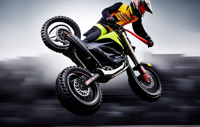 An image showcasing a sleek, high-performance electric dirt bike in mid-air during a thrilling jump, with its powerful motor emitting electrifying sparks and the rider wearing a determined expression, capturing the essence of speed and agility
