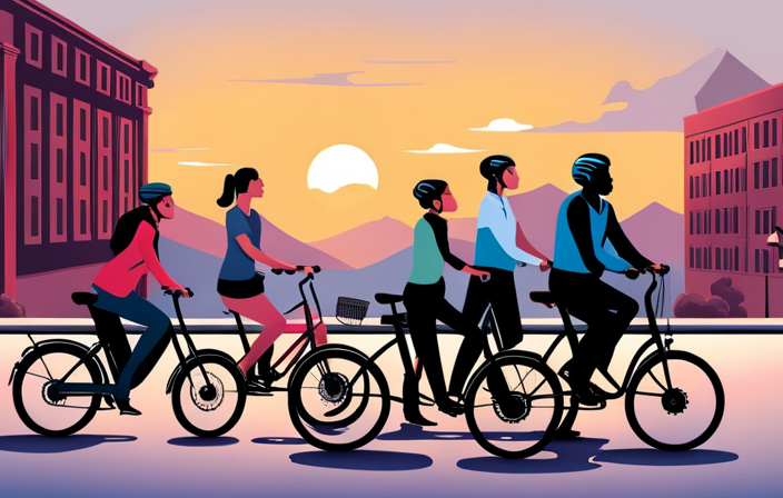 An image showcasing a diverse group of individuals riding electric bikes, emphasizing their age range
