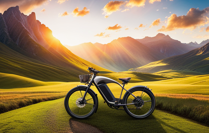 An image showcasing an electric bike with a fully charged lithium battery, effortlessly gliding through picturesque landscapes, revealing the longevity of the battery through its enduring performance and unwavering power