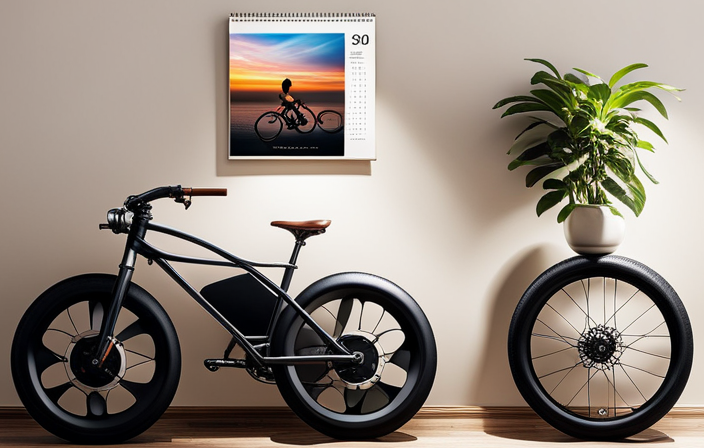An image showcasing an electric bike in pristine condition, parked next to a calendar with the years passing by