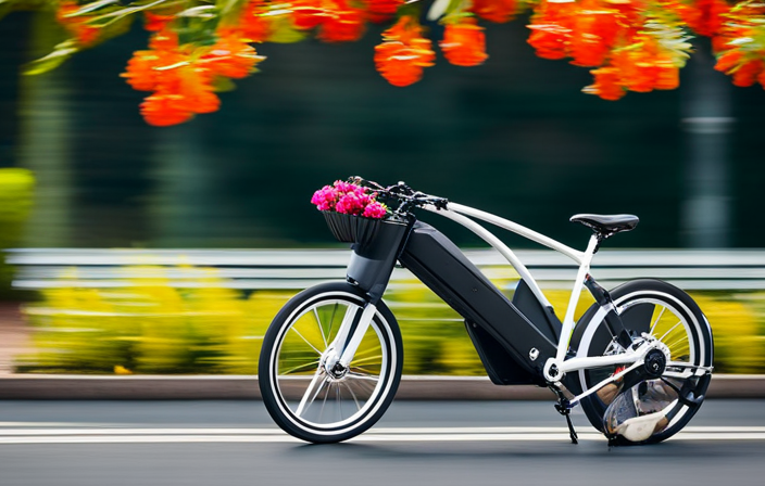 An image showcasing an electric bike gracefully gliding along a scenic coastal road, surrounded by lush greenery and vibrant flowers