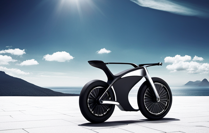 An image showcasing a sleek, minimalist electric bike gliding effortlessly down a sun-drenched road