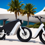 An image showcasing a sleek, minimalist electric bike effortlessly gliding along a sun-kissed coastal road