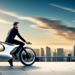 An image showcasing a sleek, futuristic electric bike hovering effortlessly on a cloud-like background