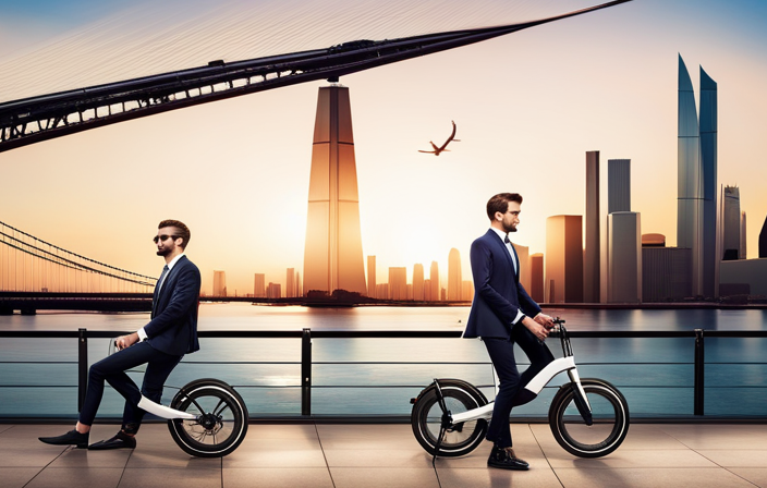 An image showcasing a sleek, minimalist folding electric bike with a lightweight frame, compact foldable design, and a futuristic aesthetic