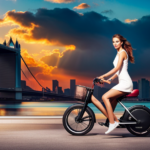 An image showcasing a sleek, featherweight women's electric bike gliding effortlessly through a sun-kissed urban landscape, gracefully blending vibrant colors and elegant contours, embodying the pinnacle of lightweight design