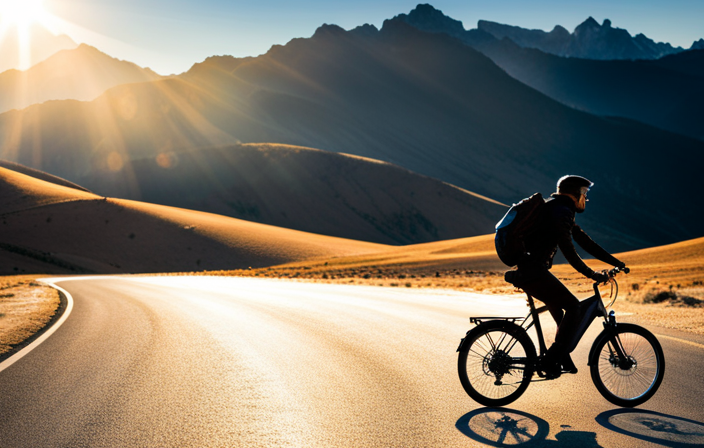 An image showcasing the sleek silhouette of an electric bike gliding through a breathtaking landscape, effortlessly cruising along an endless road, symbolizing the exploration and endurance of the longest-range electric bike