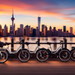 An image showcasing a diverse range of electric bikes lined up in a row, highlighting their varying shapes, sizes, and colors, with a prominent price tag displayed on the most affordable bike