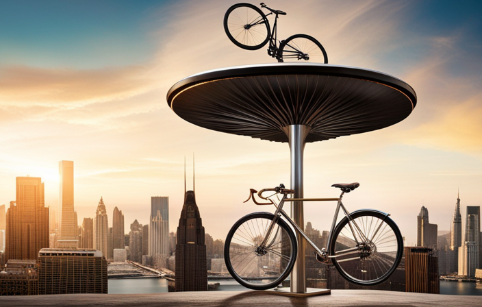 An image showcasing a bicycle suspended from a scale, revealing its weight in kilograms