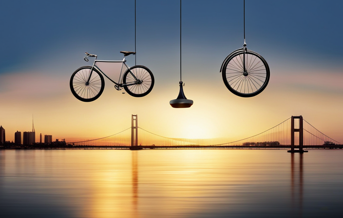An image showcasing a sleek bicycle suspended in mid-air, with a precision scale placed underneath, capturing the precise measurement of its mass