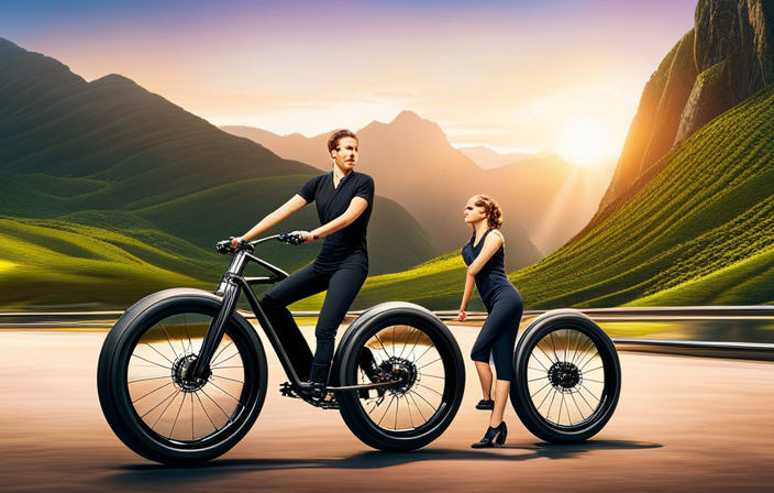 An image showcasing a sleek, high-performance electric bike conversion kit in action, with a cyclist effortlessly zipping through a mountainous terrain, surrounded by lush greenery, as the sun sets in the background