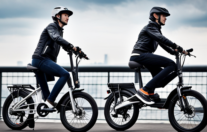 An image showcasing the Airwheel R5 Electric Folding Bike in a vibrant cityscape, with a rider effortlessly maneuvering through traffic, highlighting its compact design, sleek aesthetics, and innovative features