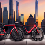 An image showcasing a vibrant cityscape background, with a sleek, modern electric bike at the center