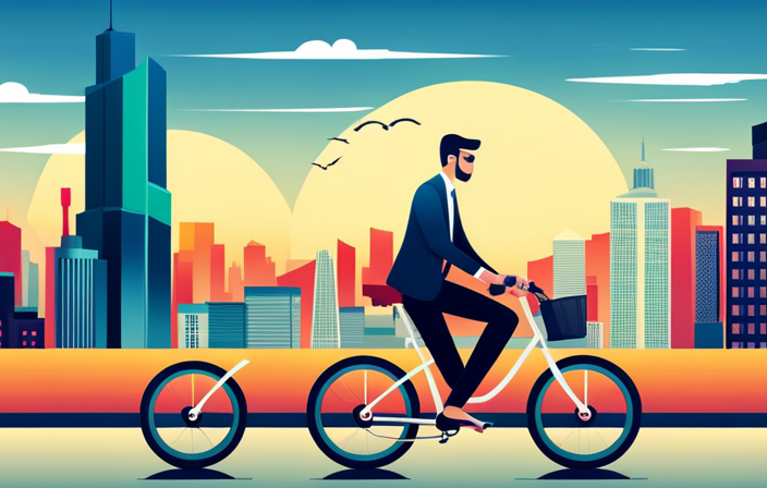 An image showcasing a sleek electric bike against a backdrop of a bustling city