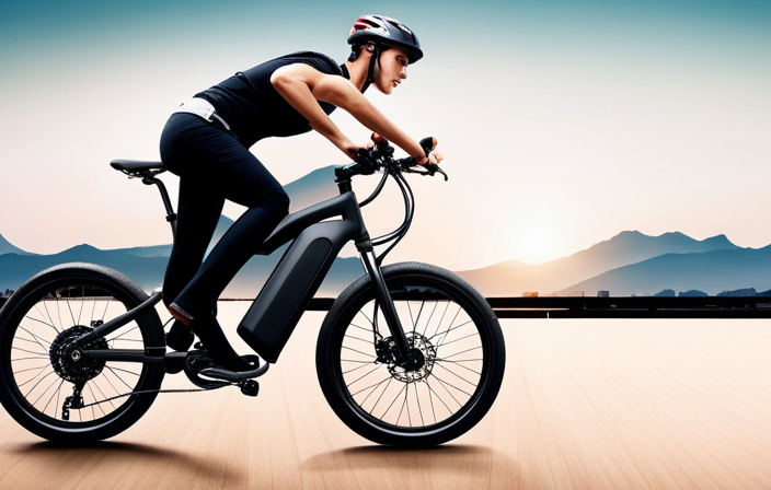 An image showcasing a person effortlessly cruising uphill on an electric bike, with a backdrop of scenic mountains and a city skyline