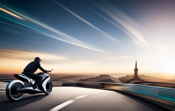 An image showcasing a sleek, futuristic electric bike whizzing down an open road, its tires blurred with motion, while a speedometer mounted on the handlebar displays the top speed reached