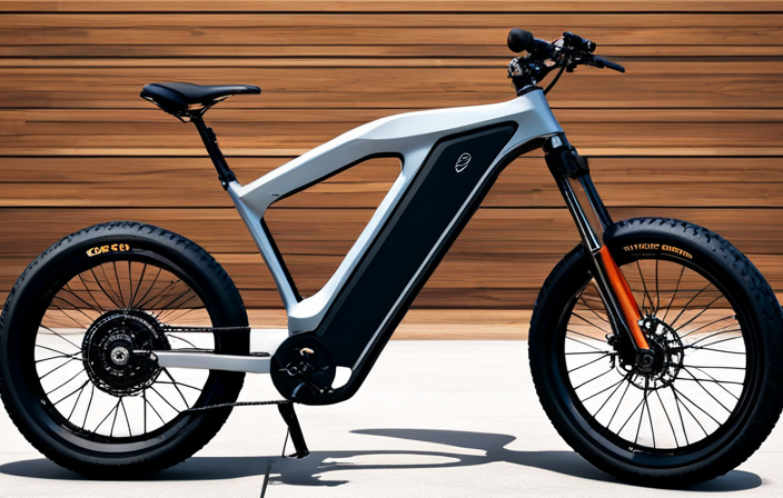 An image showcasing an electric bike's frame, with a rider confidently cruising uphill