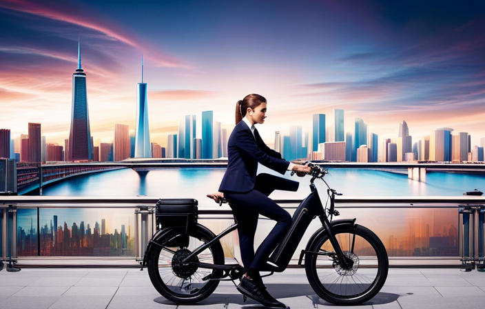 An image capturing a bustling cityscape with an electric bike effortlessly navigating through traffic, showcasing its extended range