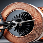 An image showcasing the inner workings of an electric bike motor, capturing the intricate mesh of copper coils wrapped around a magnetic core, surrounded by the spinning wheel and a display of power output in watts