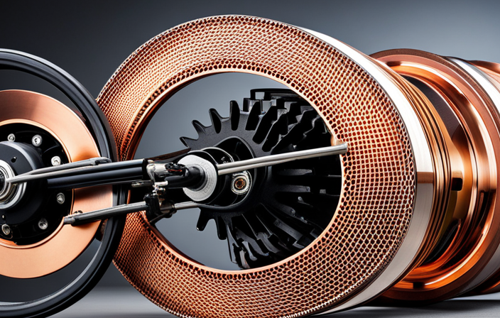 An image showcasing the inner workings of an electric bike motor, capturing the intricate mesh of copper coils wrapped around a magnetic core, surrounded by the spinning wheel and a display of power output in watts