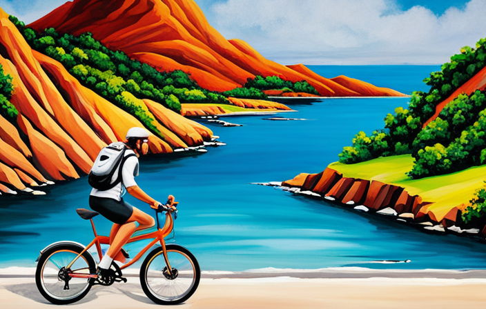 An image depicting a person effortlessly gliding on an electric bike along a picturesque coastal road, surrounded by vibrant greenery and with a backdrop of rolling hills and a clear blue sky