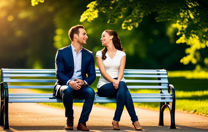 An image of a couple sitting on a park bench, the girl leaning in, her face lit up with joy as she listens to her boyfriend passionately explain electric bike features