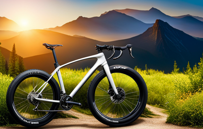 An image showcasing a sturdy bike with wide tires, equipped with disc brakes and a suspension fork, conquering a scenic gravel trail surrounded by lush greenery and rocky terrain