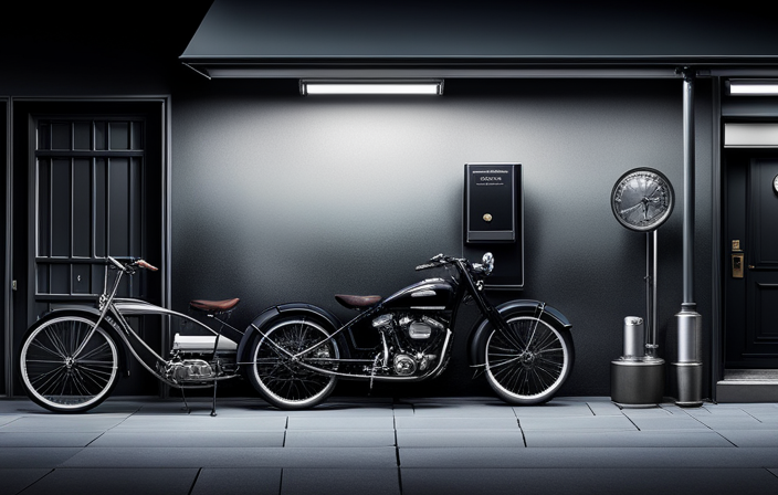 An image showcasing a sleek, black motorcycle parked outside a dimly lit detective agency, with a bicycle and a tricycle leaning against the wall nearby