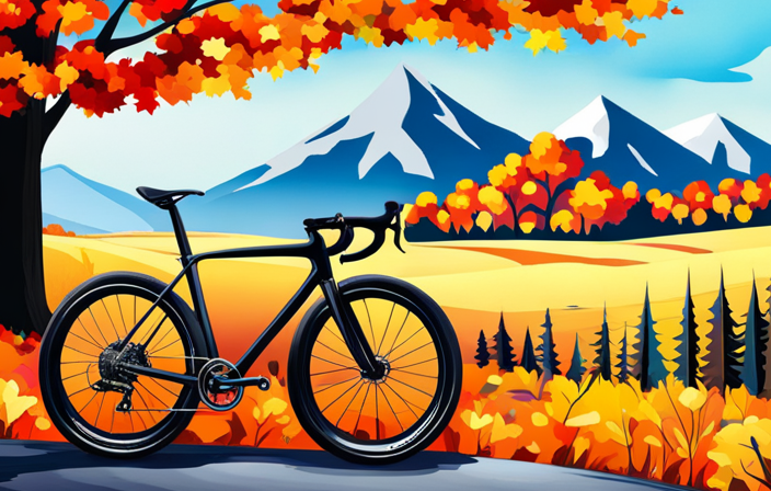 A visually striking image showcasing a sleek, lightweight gravel bike cruising effortlessly down a picturesque gravel road, surrounded by vibrant autumn foliage, with a backdrop of rolling hills and a clear blue sky