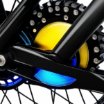 An image showcasing a close-up of a powerful electric bike's rear wheel spinning rapidly, with vibrant streaks of blue and yellow light streaking behind it, emphasizing the bike's speed and acceleration