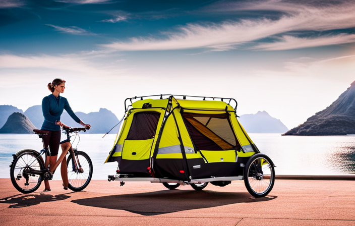 An image showcasing a sleek, high-quality Rei bike trailer with advanced suspension, durable alloy frame, and aerodynamic design