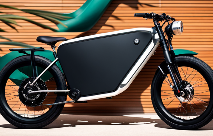 An image showcasing a close-up of an electric bike's components: a powerful motor mounted at the rear wheel, a lithium-ion battery securely fixed to the frame, and a sleek dashboard displaying speed and battery levels