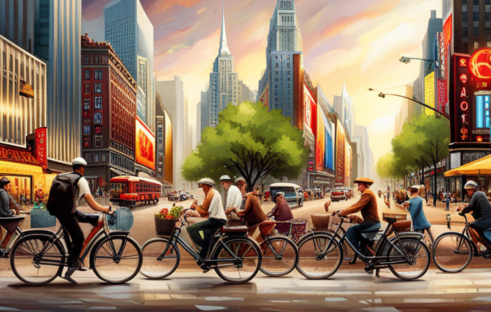 An image featuring a bustling city street scene with various types of bicycles, prominently highlighting electric bikes, and conveying a sense of motion and potential accidents without any text or words