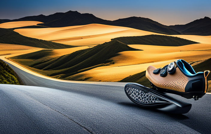 An image showcasing a pair of sleek cycling shoes covered in rugged, durable rubber soles
